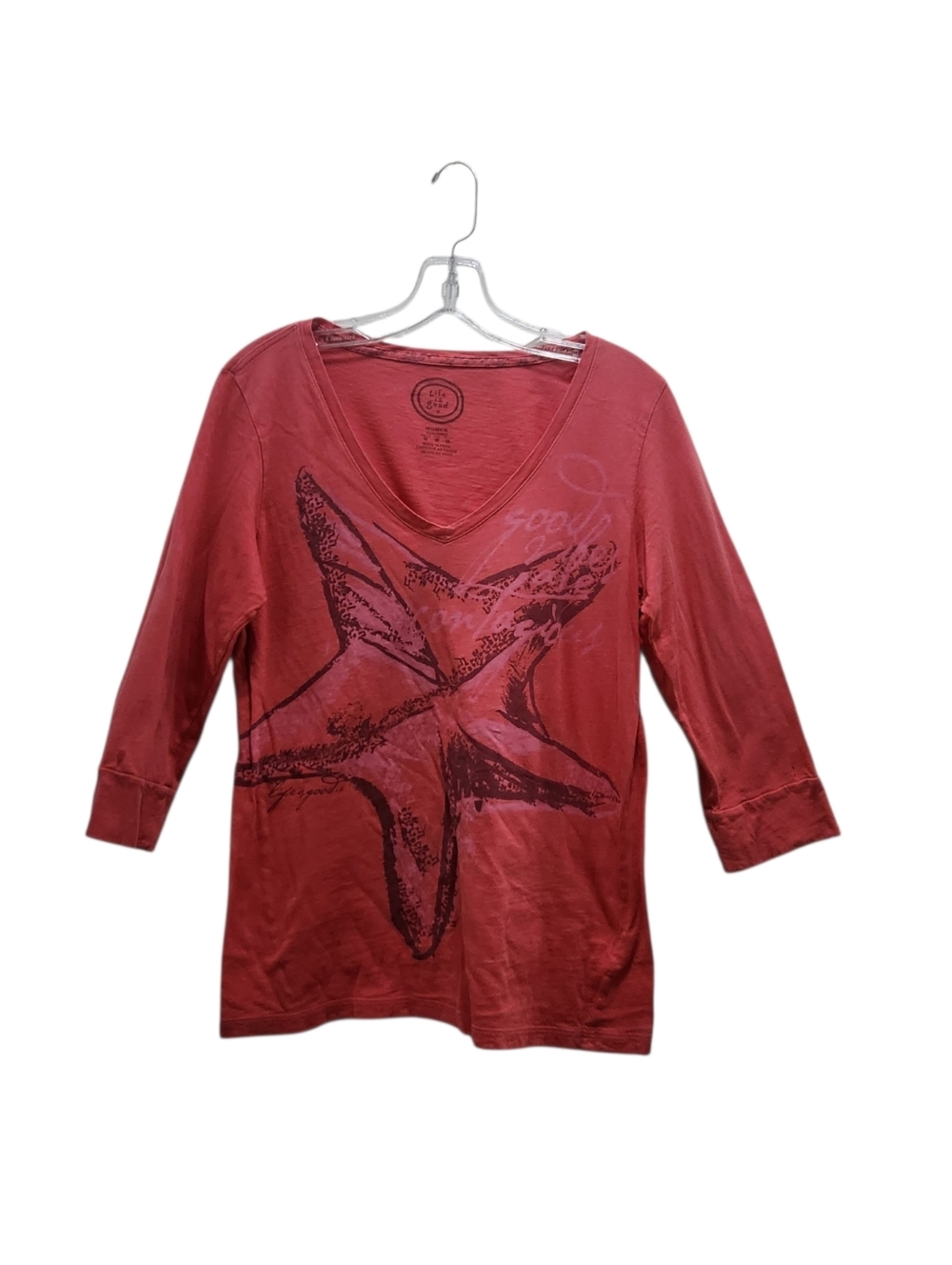 Life Is Good Women's Semi Fitted V-Neck Starfish Graphic Top Rust Size M Beach